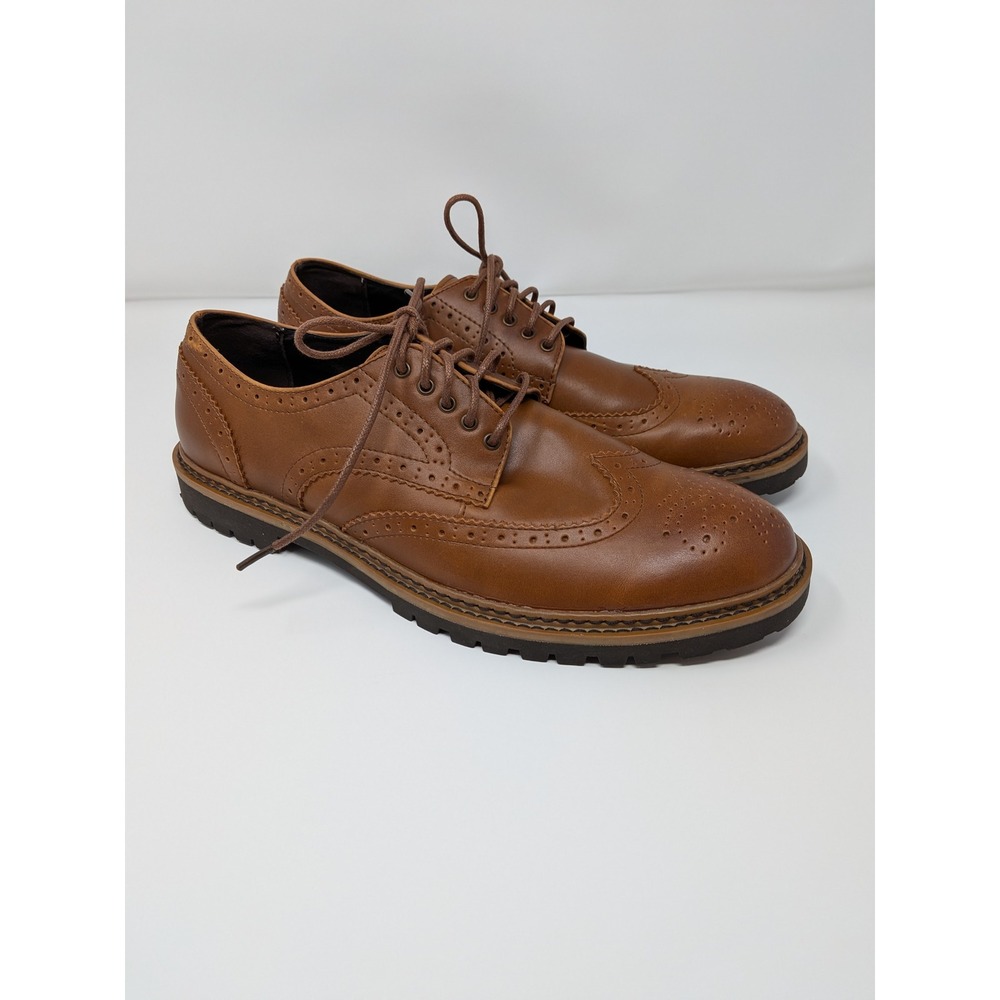 Marc Anthony Mens 10.5 Tan Leather Wingtip Brogue Lug Sole Oxford Dark Academia